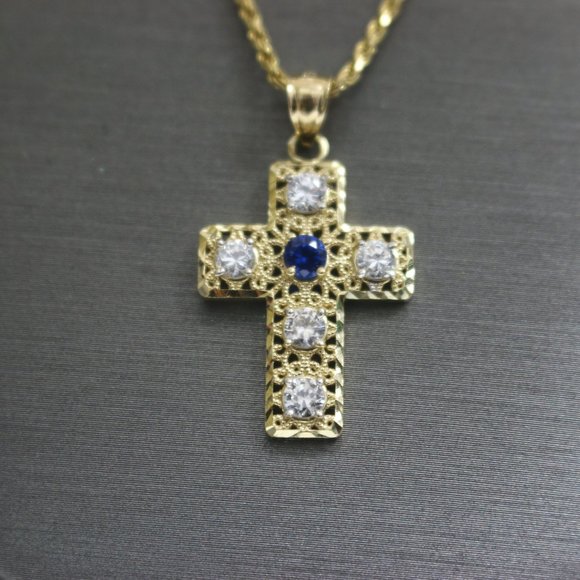 14kt White & Blue Sapphire Cross Pendant with 14kt Hollow Rope Chain